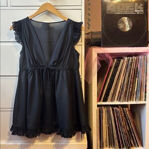 60s Vintage Black Lingerie Saks 5th Ave Babydoll Milkmaid Mini Dress Slip Cute S